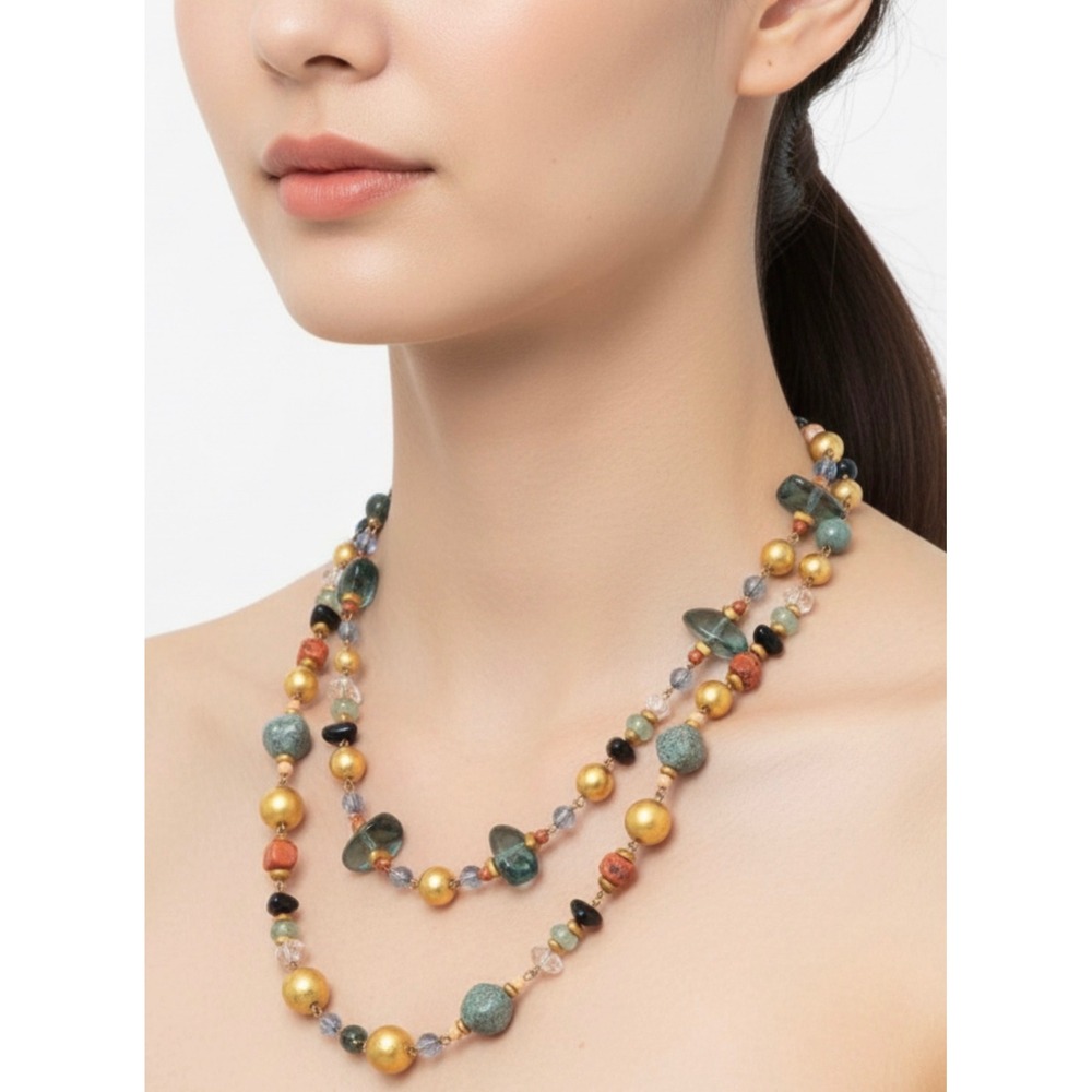 LC & co Gold Beaded Long Strand‎ Necklace Mixed Stone Boho  Liz Claiborne